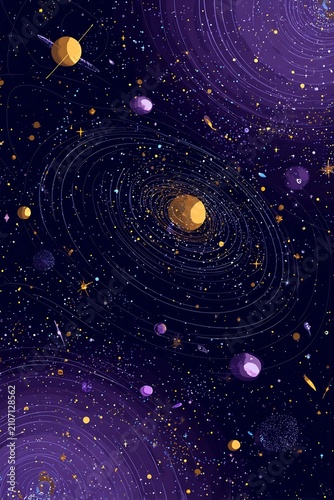 Abstract Cosmic Illustration with Swirling Galaxy, Vibrant Stars, Planets, and Orbits