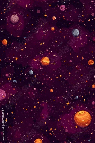 Illustrated seamless space pattern with colorful planets, stars, and cosmic dust in a vibrant, whimsical universe background.