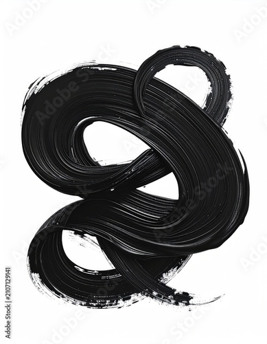 Thick, textured black paint forms an abstract, looping shape on white