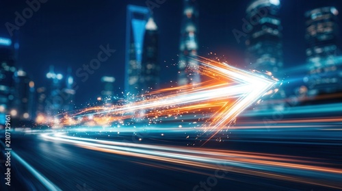 Abstract arrow of light speeding across a blurred city representing business transformation.
