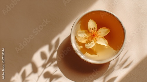Yellow-orange flower floating in water in a bowl with sunlight and soft leaf shadows