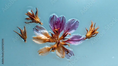 Delicate dried purple and orange flower petals floating on calm light blue water, a close-up of natural botanical beauty.