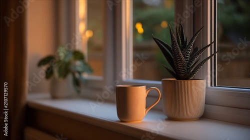 Ceramic mug and succulent plant on window sill with warm evening light