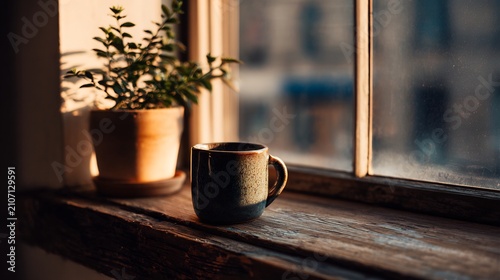 Cozy ceramic mug on rustic wooden windowsill bathed in warm golden hour sunlight.
