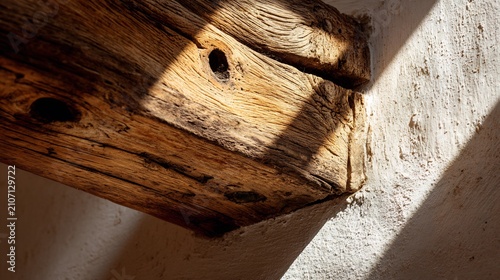 Weathered wooden beam with cracks and holes, highlighted by dramatic sunlight and shadow against a textured white wall, showcasing rustic architectural detail and natural wood texture.