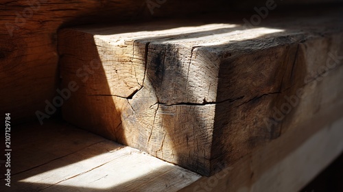 Weathered Rustic Wooden Beam with Natural Sunlight and Shadow Patterns, Highlighting Rough Texture and Deep Cracks