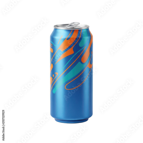 Modern refreshing soda can with abstract blue and orange artistic graphic