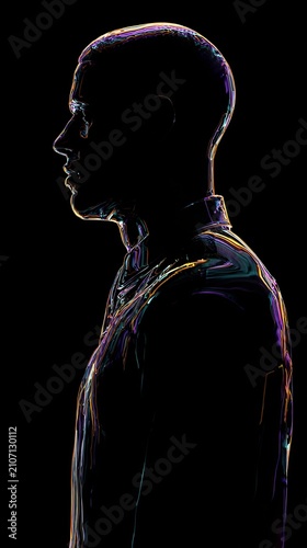 Digital human silhouette with glowing colorful lines on a black background, representing AI, consciousness, and technology concepts.