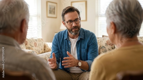 Real estate agent consults elderly couple about their home sale in a living room.
