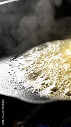 Butter cube melting and sizzling on a hot skillet.