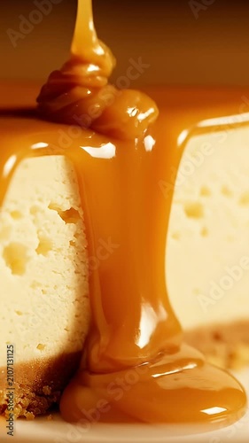 Caramel sauce drizzled over fresh cheesecake slice.