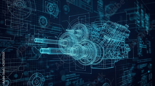 Abstract 3D rendering of mechanical gear engineering blueprints and industrial design drawings.
