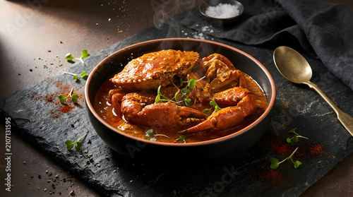Singapore chili crab in spicy tomato gravy, gourmet seafood dish served in a black bowl, steaming hot crab curry with fresh microgreens on slate