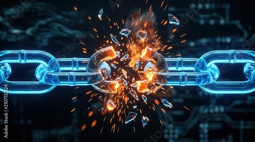 A glowing blue chain link breaking with intense orange sparks representing a supply chain security breach.