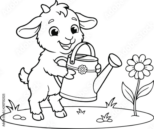 Cute Baby Goat Coloring Page Vector Illustration Holding Watering Can Near Flower on Grass for Kids Activity Book Designs