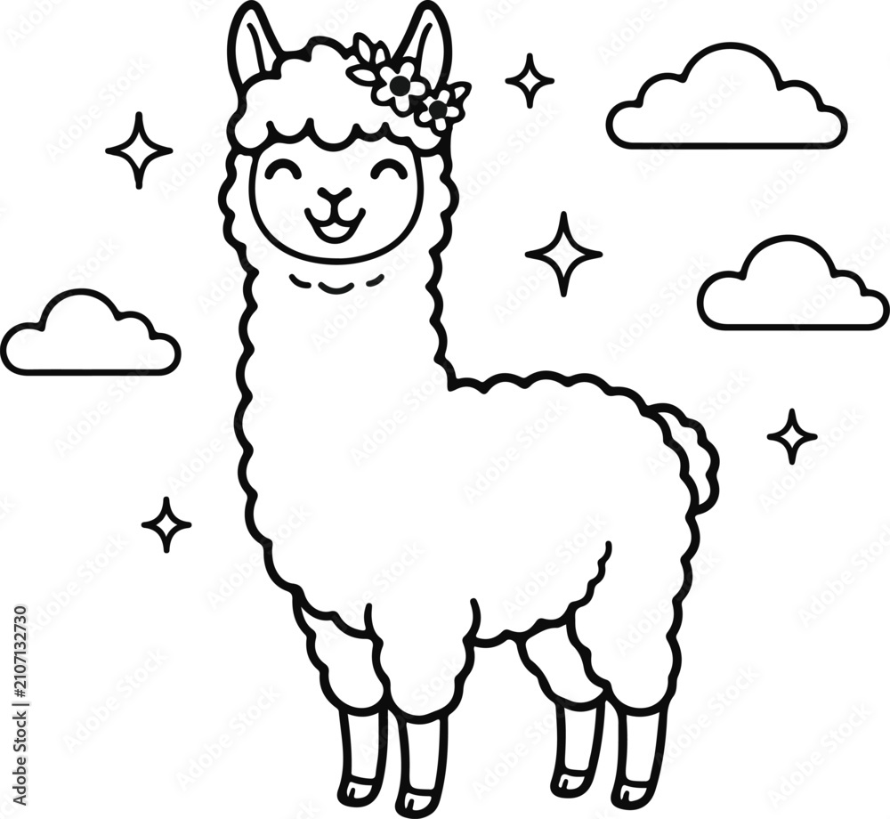 Fototapeta premium Cute Cartoon Alpaca Wearing Flower Crown Standing with Clouds and Sparkly Stars Background Coloring Page Line Art Vector Illustration for Kids Activity Books