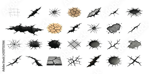Bild auf Leinwand Set of various crack and broken texture icons for wall ground glass and earth su