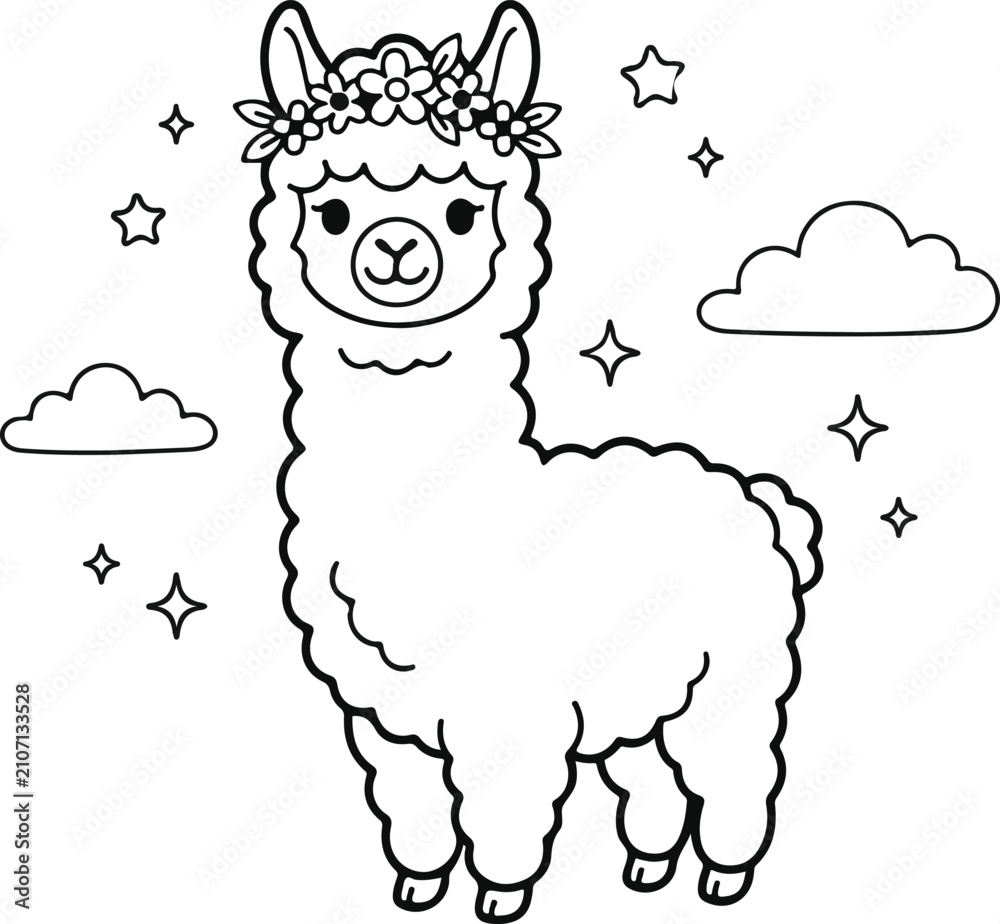 Fototapeta premium Cute Cartoon Fluffy Llama Wearing Beautiful Flower Crown with Clouds and Sparkly Stars Background Coloring Page Line Art Vector Illustration for Kids Activity Books