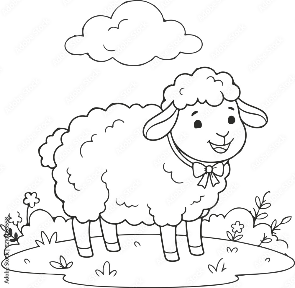 Obraz premium Cute Cartoon Fluffy Sheep Wearing Bow Tie Collar Standing on Meadow Grass with Flowers and Cloud Coloring Page Line Art Vector Illustration for Kids