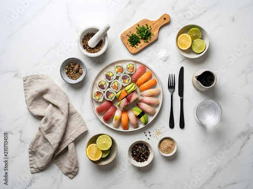 Gourmet sushi platter on white marble background, assorted nigiri and maki rolls with fresh ingredients, elegant Japanese seafood dining flat lay