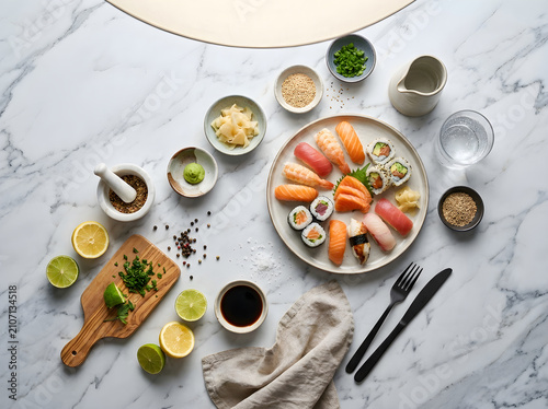 Gourmet sushi platter with nigiri and maki rolls, fresh Japanese seafood assortment on white marble, culinary food photography with ingredients