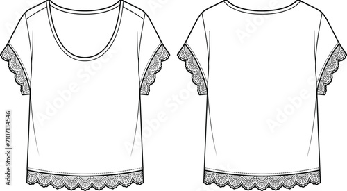 Tableau sur toile Technical fashion flat sketch of a scoop neck t-shirt with lace trim sleeves and