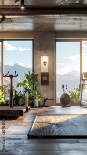 Modern living room with large windows and plants.
