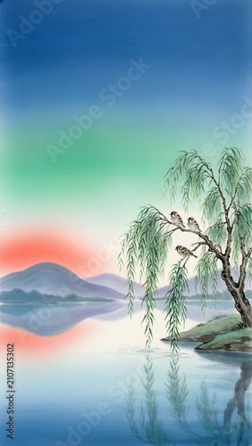 Traditional Chinese style watercolor painting of willow tree branches with sparrows by a peaceful lake at sunset