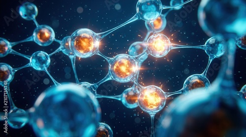 Colorful small spheres and glowing particles in a molecular structure.