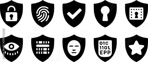 Data privacy and authentication shield silhouette icon set featuring padlock, fingerprint, checkmark, keyhole, biometric eye scan, face recognition, and password badges.