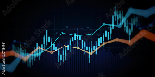financial graph with uptrend line technology bar chart of stock market on blue color background