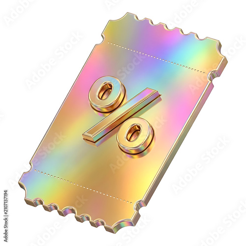 Holographic discount ticket coupon with golden percent symbol, floating diagonally, symbolizing sale, promotion, special offer, and shopping deal concept
