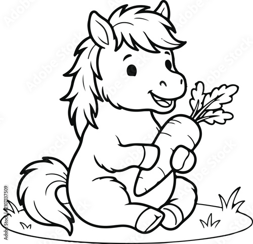 Cute Cartoon Pony Horse Sitting on Meadow Grass Holding and Eating Fresh Big Carrot Coloring Page Line Art Vector Illustration for Children Activity Book