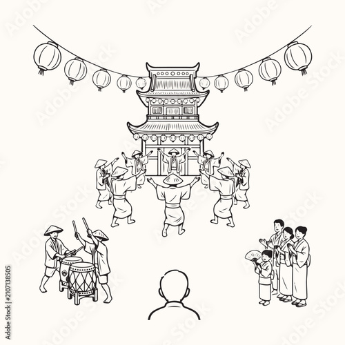 Obon Festival Bon Odori Dance Bold Line Art Vector – Japanese Cultural Festival Outline Illustration
