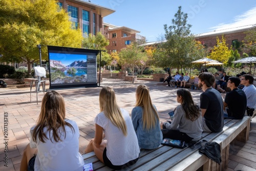 Students enjoying an outdoor presentation on a sunny day at a university campus