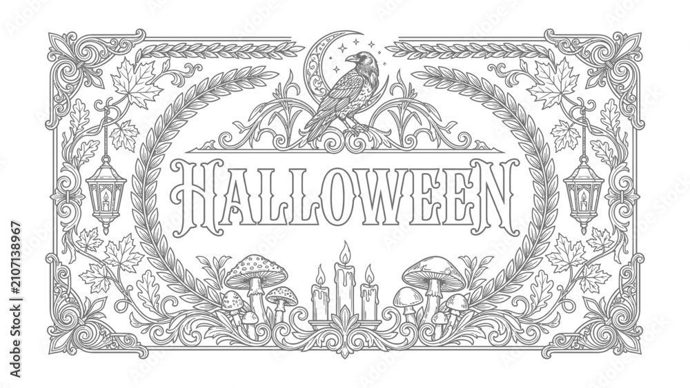 Obraz premium Spooky Halloween Vignette: An intricate black and white illustration captures the essence of Halloween with a raven perched atop a crescent moon, surrounded by ornate decorative elements.