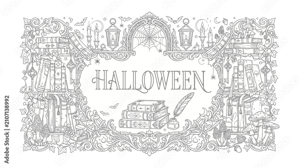 Fototapeta premium Halloween Decorative Frame: An intricate, monochrome illustration for Halloween, featuring a decorative frame composed of vintage books, spooky motifs like bats and spiders.