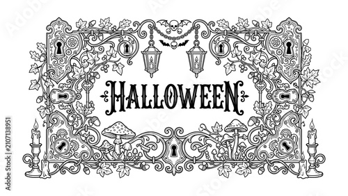 Cuadro en lienzo Ornate Halloween Frame: An intricate, vintage-style black and white illustration frames the word Halloween with decorative elements like antique lanterns, keyholes, mushrooms, and bats
