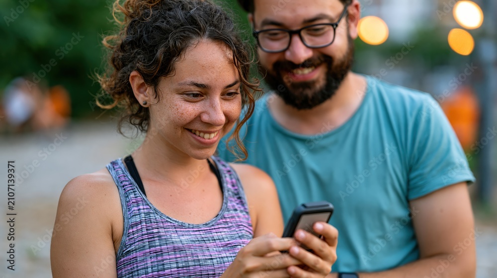Fototapeta premium Personal trainer and client reviewing wellness goals on wearable device in park