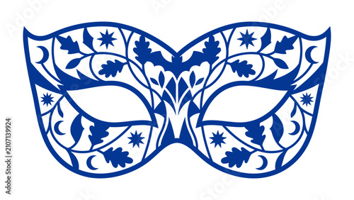 Quadro su tela Ornate Blue Masquerade Mask: An intricately designed blue masquerade mask, adorned with celestial motifs and organic patterns, suggesting mystery and elegance for a grand occasion