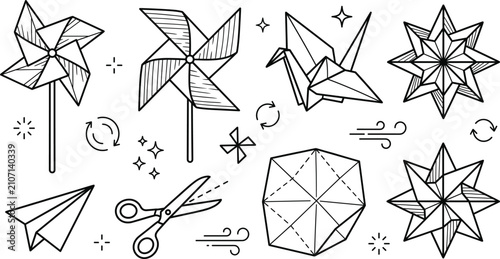 Konstfotografi Paper craft origami line icon vector set featuring pinwheel crane star airplane