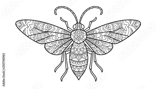 Detailed bee mandala coloring page for adults featuring highly detailed patterns and symmetry on the body and wings of the insect.