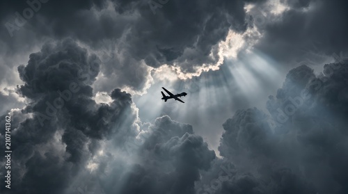 Single tactical drone silhouetted against dramatic sunlit breaking through heavy dark storm clouds in sky