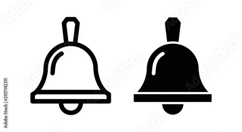 Hand bell alarm notification icon set in outline and solid black style with notification handbell attention announcement isolated silhouette minimalist reception ringtone