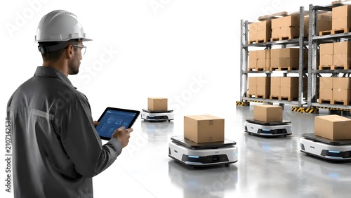 Worker Overseeing Automated Robots Moving Boxes in Modern Warehouse