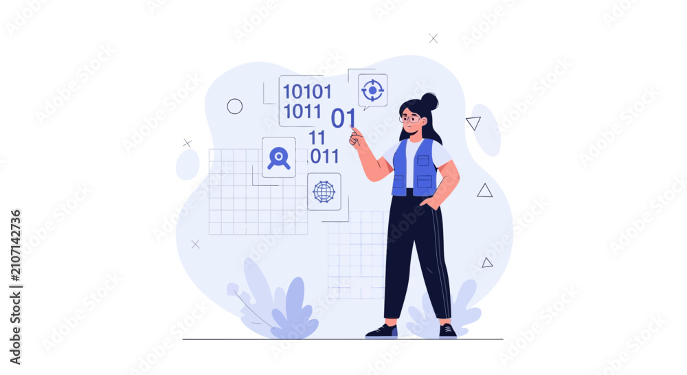 © Mahesa - Woman Interacting with Digital Interface, Binary Code, Data Analysis, Technology Concept Illustration © Mahesa - Woman Interacting with Digital Interface, Binary Code, Data Analysis, Technology Concept Illustration