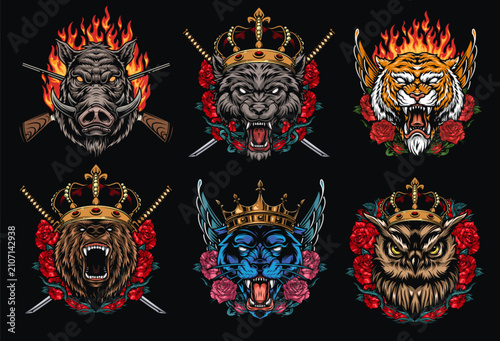 Crowned animal heads