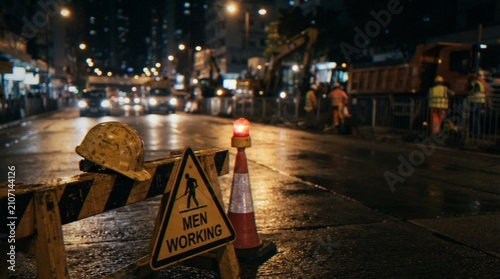 A night time scene of an urban street under construction, featuring a yellow hard hat, a warning sign, and a glowing traffic cone with blurred workers and heavy machinery in the background.