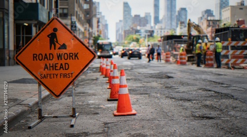 A road construction zone in a busy city with orange safety cones, a road work sign, and construction workers in the background.