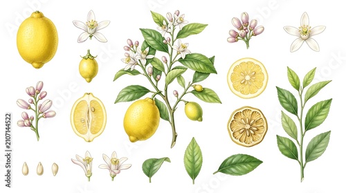 Watercolor lemon botanical set. Citrus fruit and flowers isolated on white background.